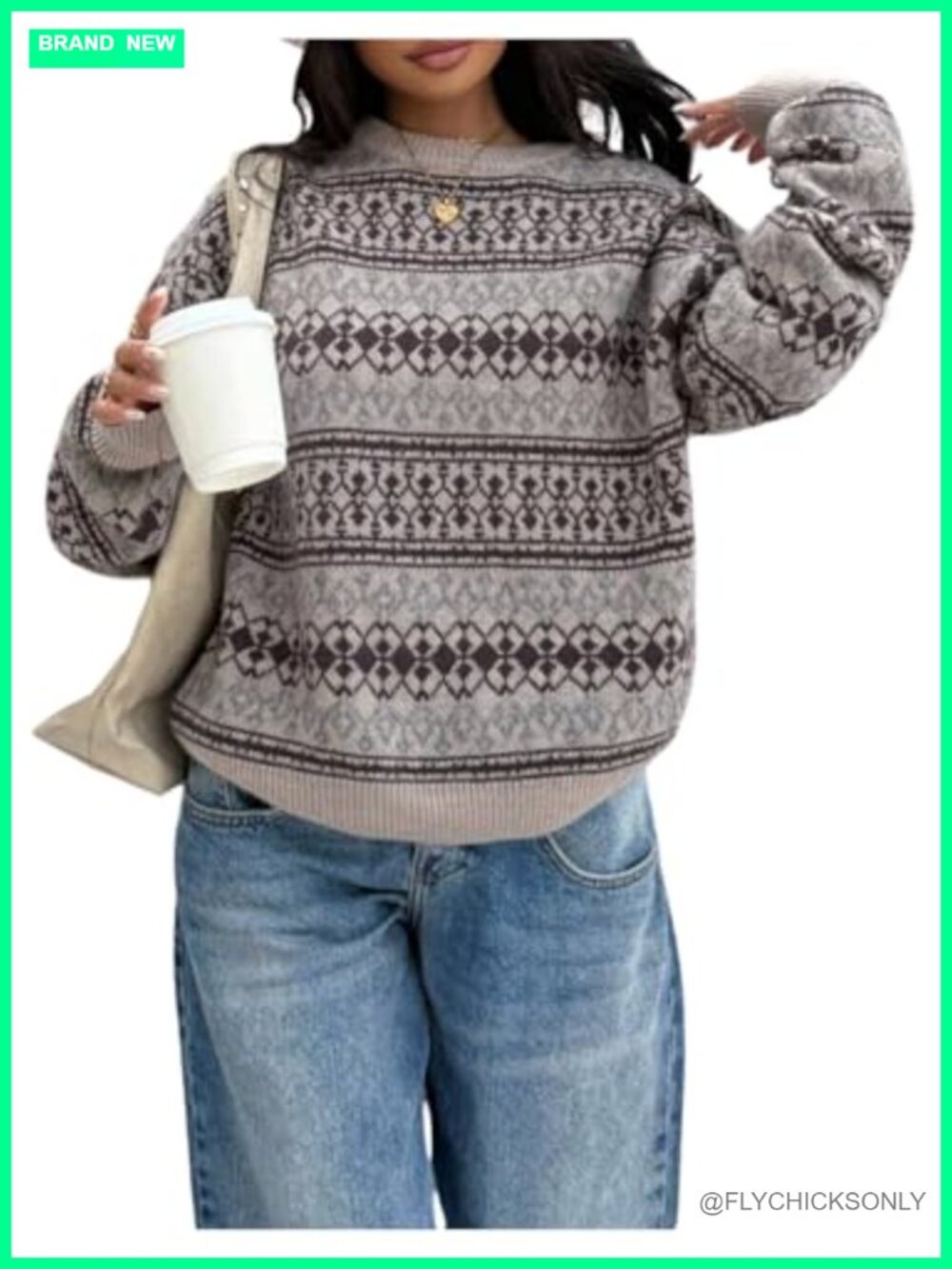 Vintage Fair Isle Crewneck Sweater Geo Print Oversized Pullover